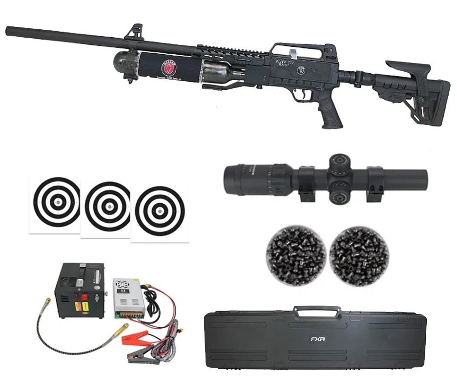 Carabina de Pressão PCP Hatsan Blitz 777 Full Auto 6.35mm - Hatsan + Luneta 1-7x24  + Chumbos + Alvos + Case + Compressor Portátil Trivolt Compact