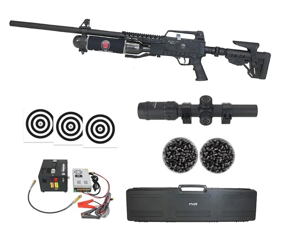 Carabina de Pressão PCP Hatsan Blitz 777 Full Auto 6.35mm - Hatsan + Luneta 1-7x24 + Chumbos + Alvos + Case + Compressor Portátil Trivolt Compact