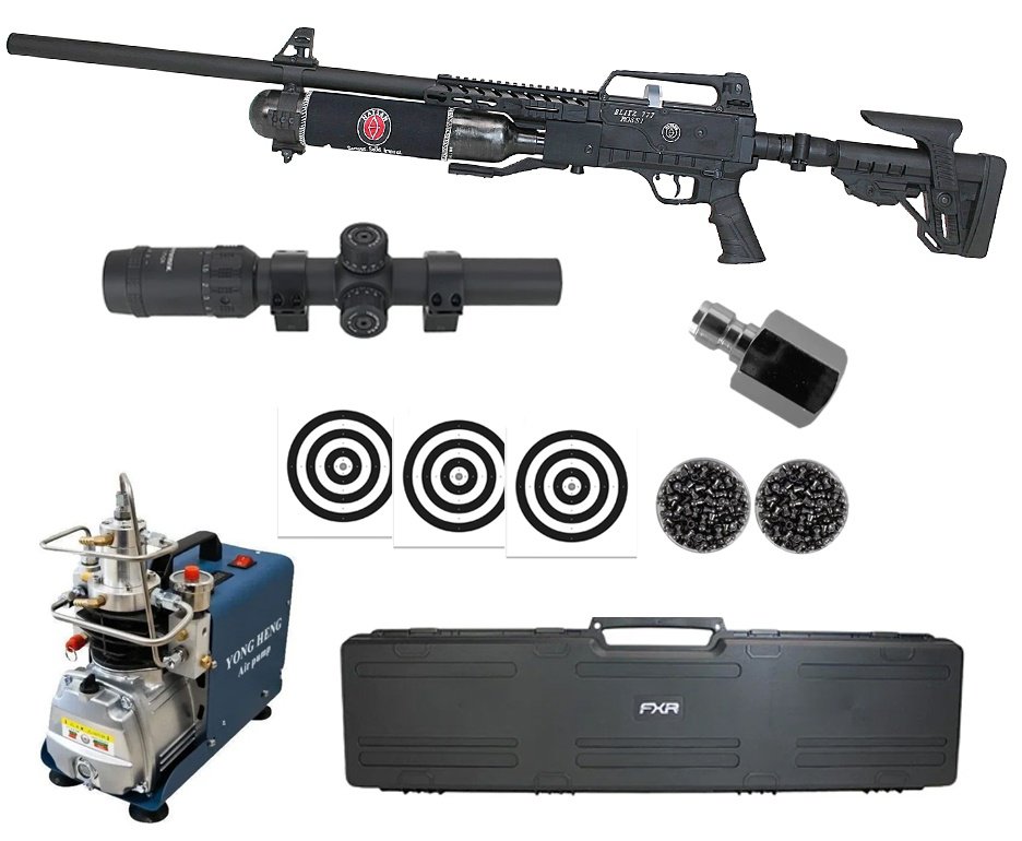 Carabina de Pressão PCP Hatsan Blitz 777 Full Auto 6.35mm - Hatsan + Luneta 1-7x24  + Chumbos + Alvos + Case + Compressor Portátil Trivolt Compact