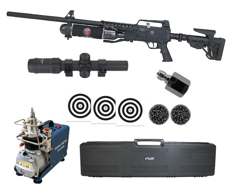 Carabina de Pressão PCP Hatsan Blitz 777 Full Auto 6.35mm - Hatsan + Luneta 1-7x24  + Chumbos + Alvos + Case + Compressor Portátil Trivolt Compact