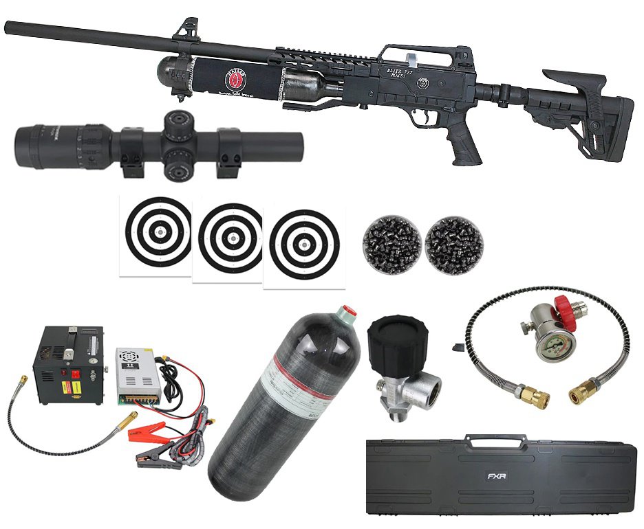 Carabina de Pressão PCP Hatsan Blitz 777 Full Auto 6.35mm - Hatsan + Luneta 1-7x24  + Chumbos + Alvos + Case + Compressor Portátil Trivolt Compact