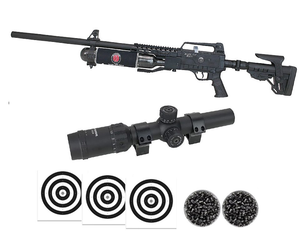 Carabina de Pressão PCP Hatsan Blitz 777 Full Auto 6.35mm - Hatsan + Luneta 1-7x24  + Chumbos + Alvos