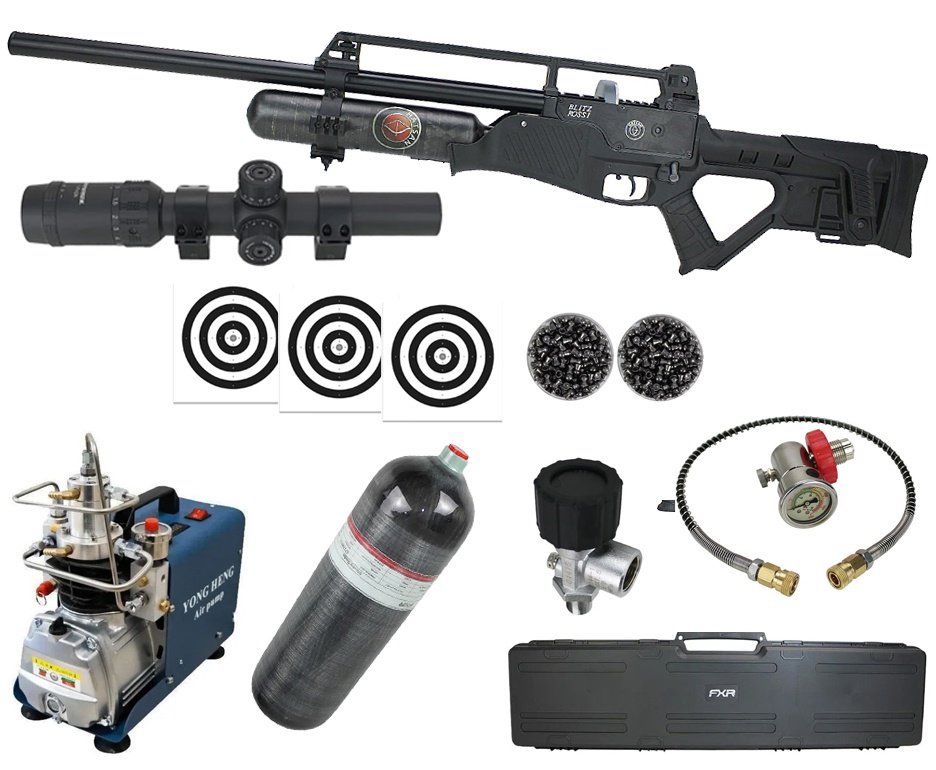 Carabina de Pressão PCP Hatsan Blitz Full Auto 6.35mm - Hatsan + Luneta 1-7x24 + Chumbo + Alvos + Case + Compressor + Scuba 6,8 L