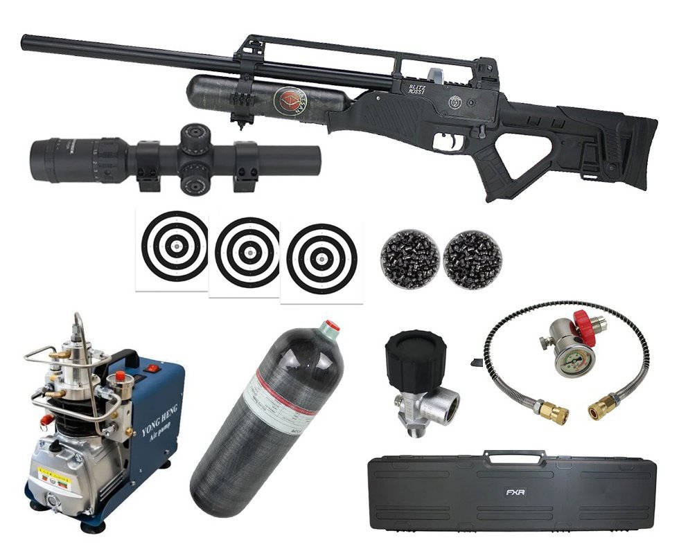 Carabina de Pressão PCP Hatsan Blitz Full Auto 6.35mm - Hatsan + Luneta 1-7x24 + Chumbo + Alvos + Case + Compressor + Scuba 6,8 L