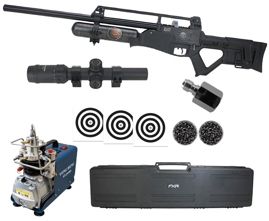 Carabina de Pressão PCP Hatsan Blitz Full Auto 6.35mm - Hatsan + Luneta 1-7x24 + Chumbo + Alvos + Case + Compressor