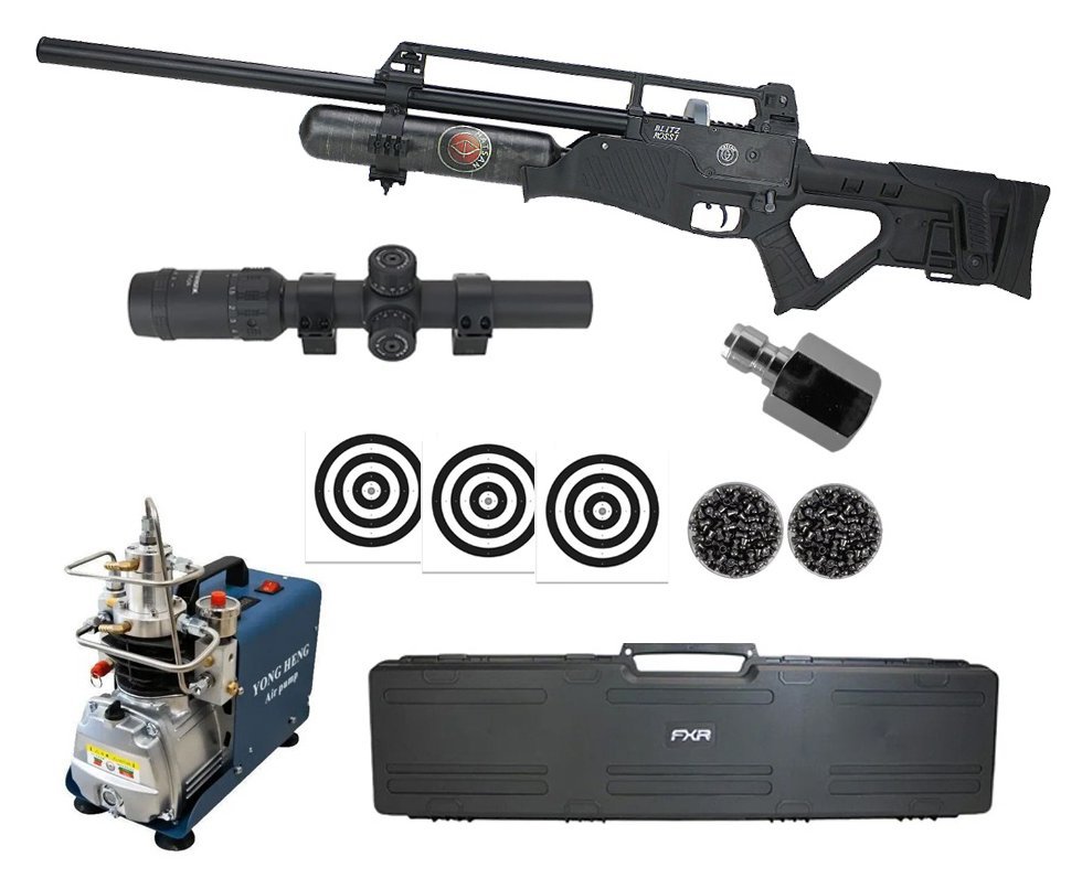 Carabina de Pressão PCP Hatsan Blitz Full Auto 6.35mm - Hatsan + Luneta 1-7x24 + Chumbo + Alvos + Case + Compressor
