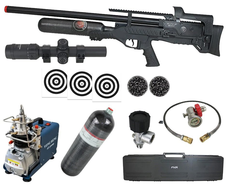 Carabina de Pressão PCP Hatsan Blitz BP Full Auto 6.35mm - Hatsan + Luneta 1-7x24  + Chumbos + Alvos + Case + Compressor + Scuba 6,8 L