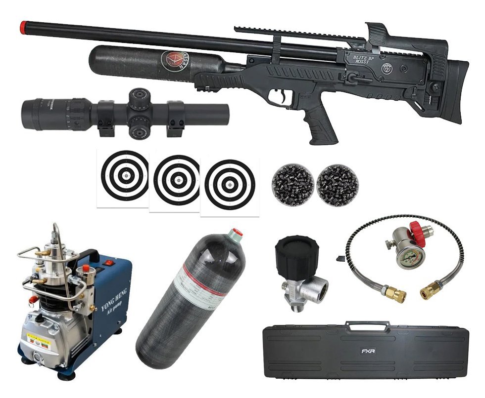 Carabina de Pressão PCP Hatsan Blitz BP Full Auto 6.35mm - Hatsan + Luneta 1-7x24  + Chumbos + Alvos + Case + Compressor + Scuba 6,8 L