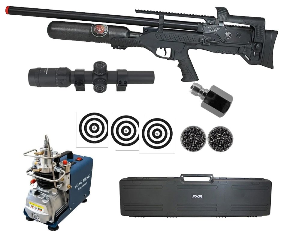 Carabina de Pressão PCP Hatsan Blitz BP Full Auto 6.35mm - Hatsan + Luneta 1-7x24  + Chumbos + Alvos + Case + Compressor