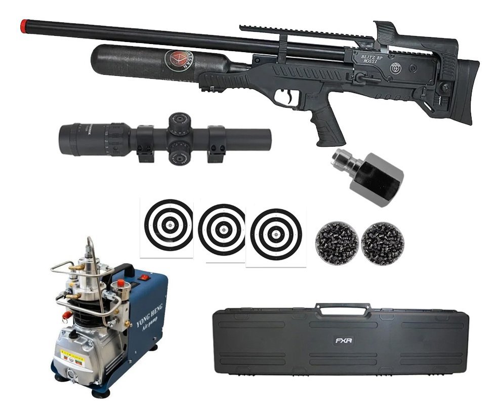 Carabina de Pressão PCP Hatsan Blitz BP Full Auto 6.35mm - Hatsan + Luneta 1-7x24 + Chumbos + Alvos + Case + Compressor
