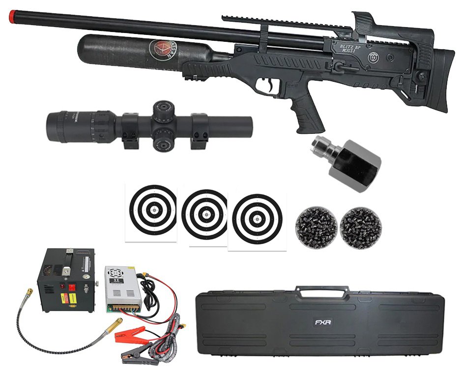 Carabina de Pressão PCP Hatsan Blitz BP Full Auto 6.35mm - Hatsan + Luneta 1-7x24  + Chumbos + Alvos + Case + Compressor Portátil Trivolt Compact