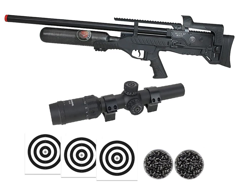 Carabina de Pressão PCP Hatsan Blitz BP Full Auto 6.35mm - Hatsan + Luneta 1-7x24  + Chumbos + Alvos