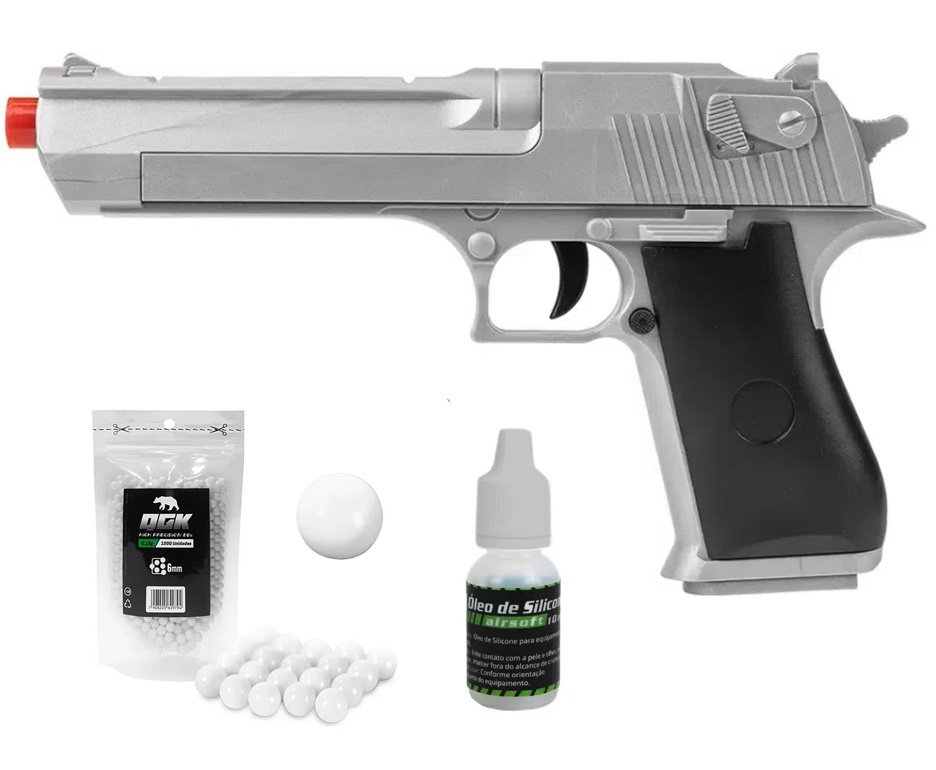 Pistola de Airsoft VG Desert Eagle Silver V30 Mola 6,0mm - Rossi + BBS + Óleo