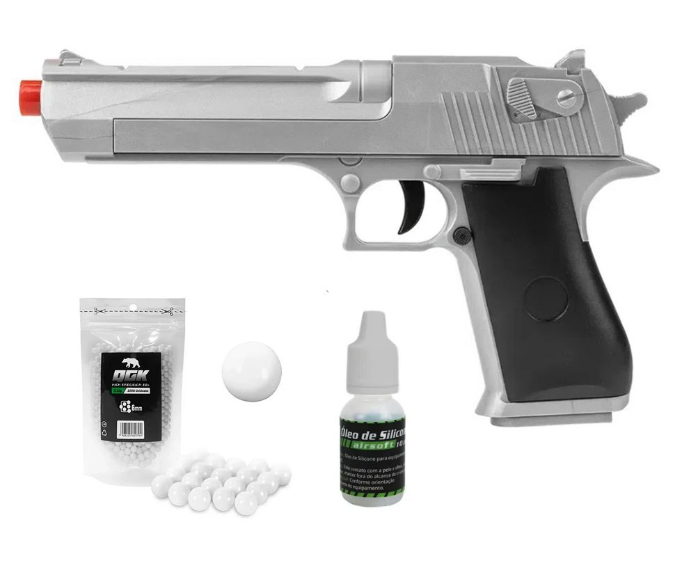 Pistola de Airsoft VG Desert Eagle Silver V30 Mola 6,0mm - Rossi + BBS + Óleo