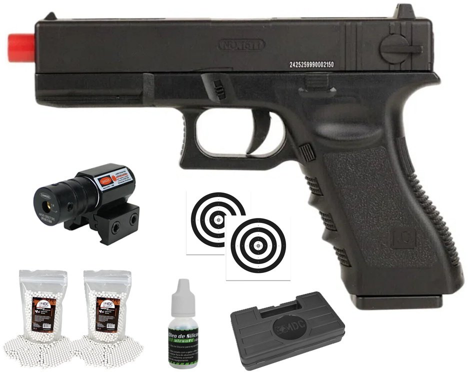 Pistola de Airsoft Glock CBT G17 Slide Metal Spring 6mm - Combat + Alvos + BBS + Case + Laser + Óleo de Silicone