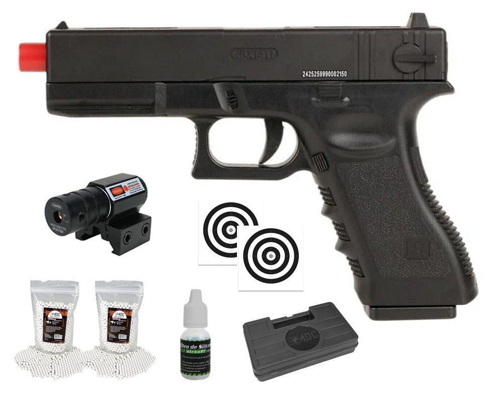 Pistola de Airsoft Glock CBT G17 Slide Metal Spring 6mm - Combat + Alvos + BBS + Case + Laser + Óleo de Silicone