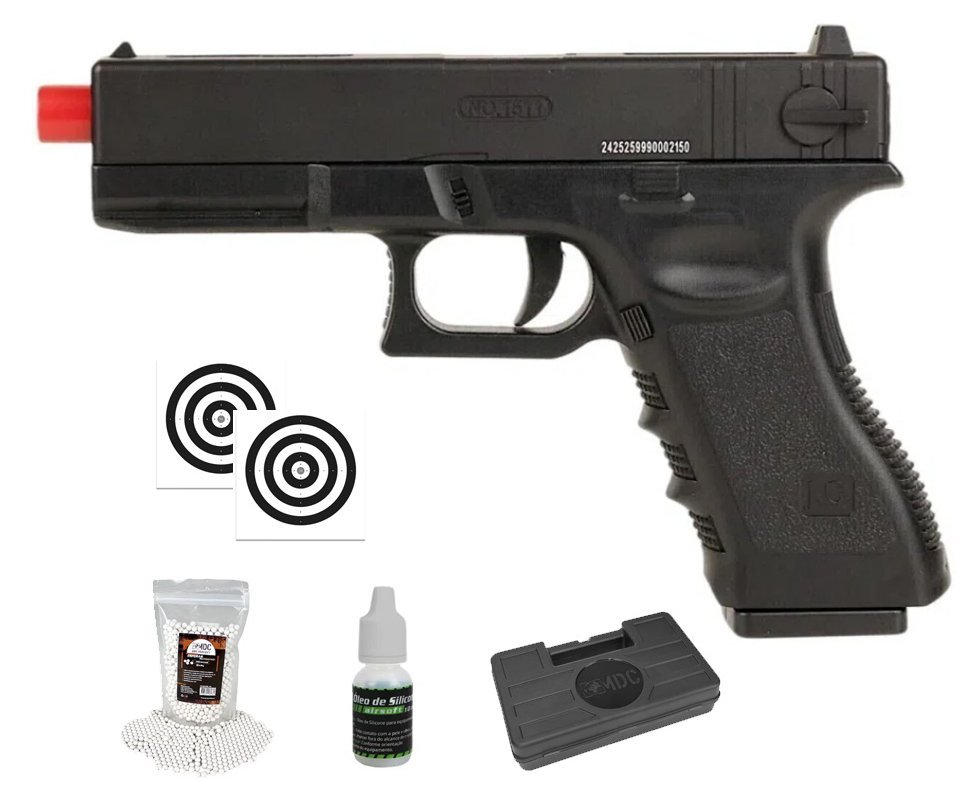 Pistola de Airsoft Glock CBT G17 Slide Metal Spring 6mm - Combat + Alvos + BBS + Case + Óleo de Silicone