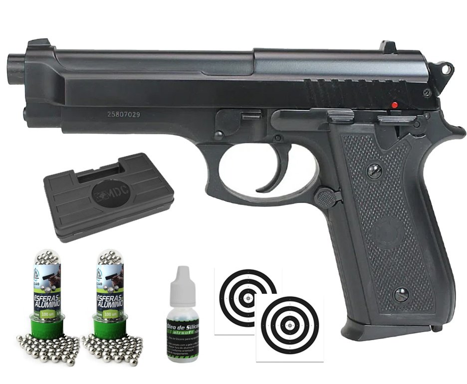 Pistola de Pressão Spring PT92 Metal Slide Aluminio 6,0mm - KWC + Alvos + BBS + Case + Óleo