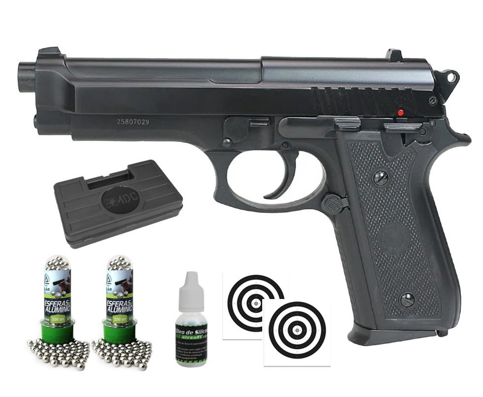 Pistola de Pressão Spring PT92 Metal Slide Aluminio 6,0mm - KWC + Alvos + BBS + Case + Óleo