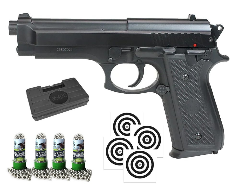 Pistola de Pressão Spring PT92 Metal Slide Aluminio 6,0mm - KWC + Alvos + BBS + Case