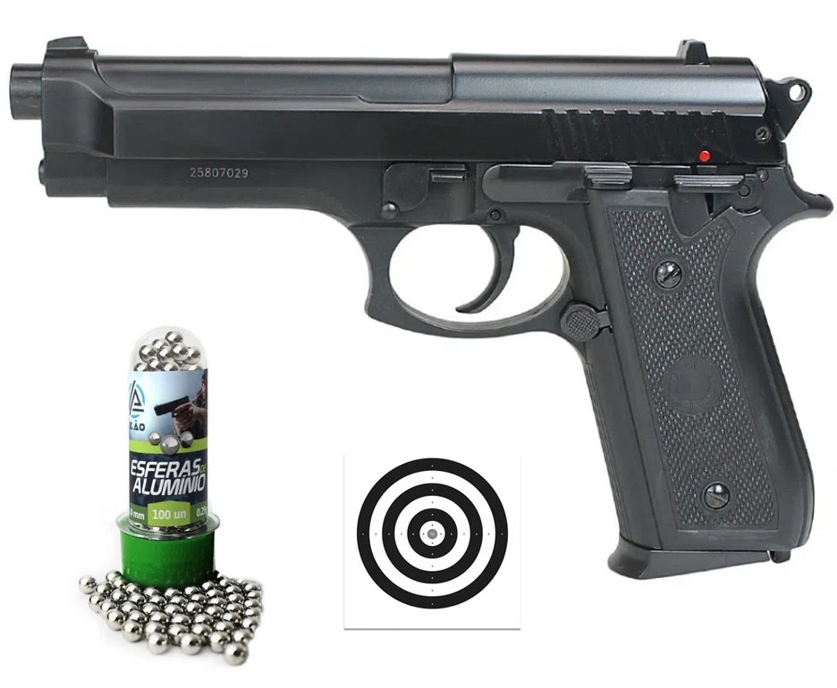 Pistola de Pressão Spring PT92 Metal Slide Aluminio 6,0mm - KWC + Alvos + BBS