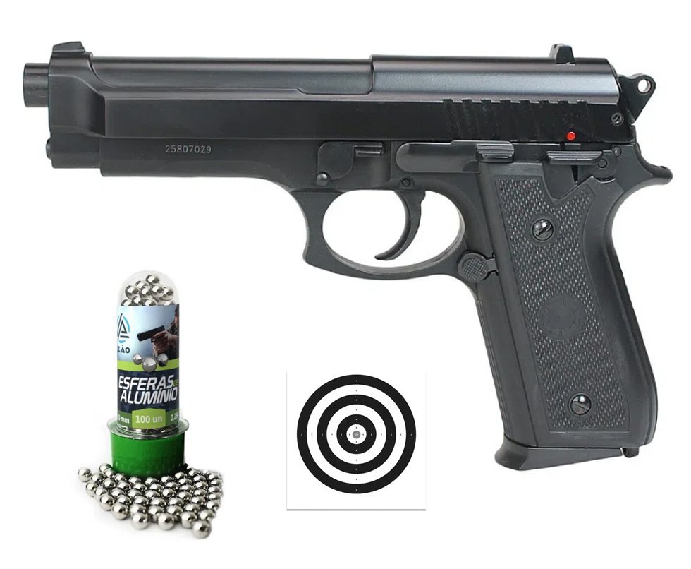 Pistola de Pressão Spring PT92 Metal Slide Aluminio 6,0mm - KWC + Alvos + BBS