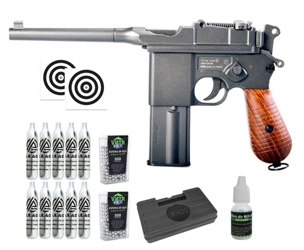 Pistola de Pressão CO2 Mauser 4.5 Full Metal Blowback - KWC Rossi + Alvos + Co2 + BBS + Case + Óleo