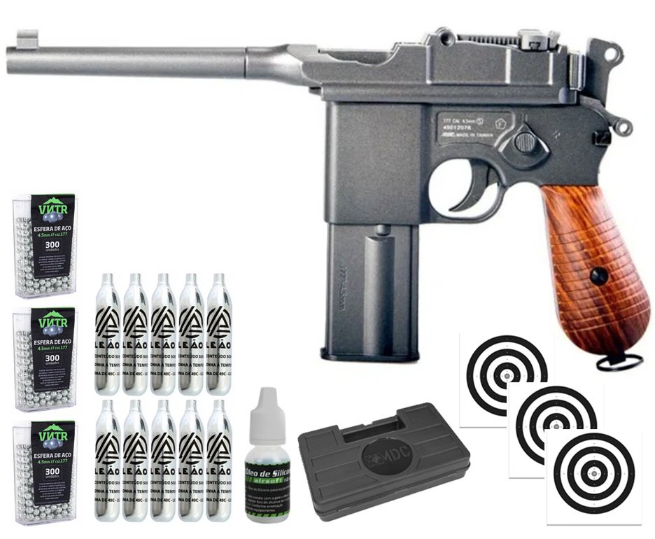 Pistola de Pressão CO2 Mauser 4.5 Full Metal Blowback - KWC Rossi + Alvos + Co2 + BBS + Case