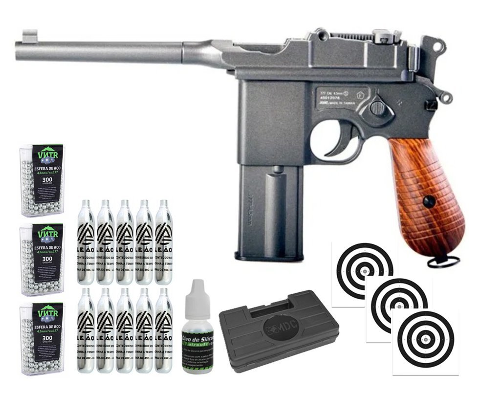Pistola de Pressão CO2 Mauser 4.5 Full Metal Blowback - KWC Rossi + Alvos + Co2 + BBS + Case