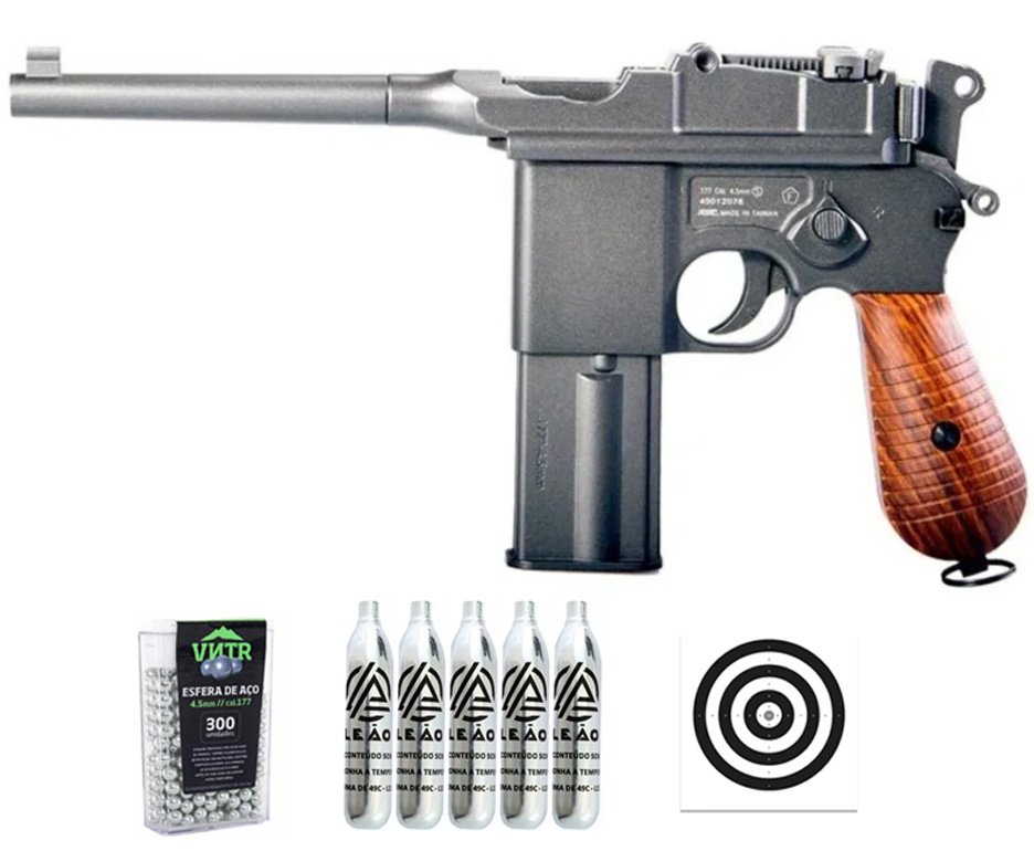Pistola de Pressão CO2 Mauser 4.5 Full Metal Blowback - KWC Rossi + Alvos + Co2 + BBS