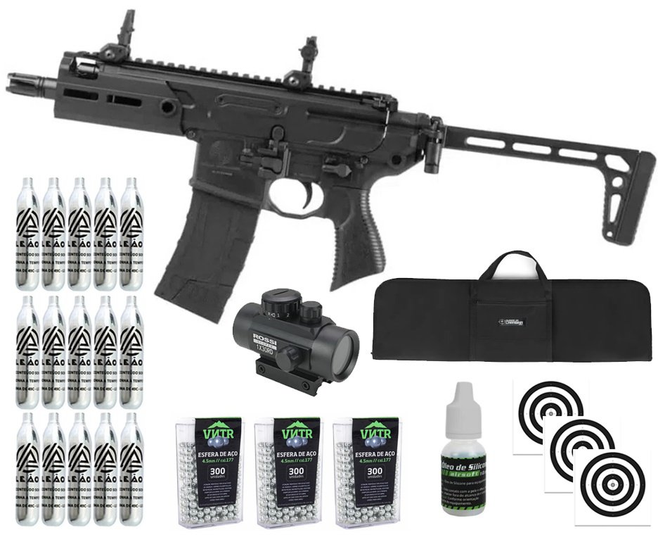 Rifle de Pressão CO2 Sig Sauer MCX Rattler 4,5 Blowback Semi Auto - Sig Sauer + Alvos + Co2 + BBS + Capa + Óleo + Red Dot
