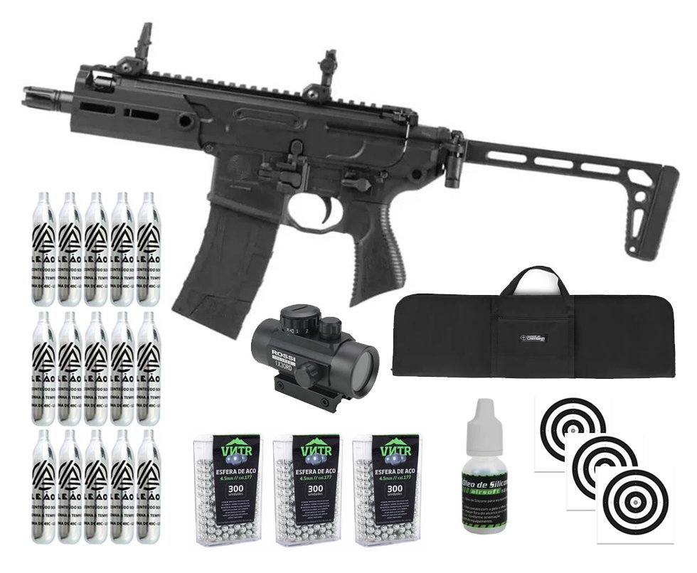 Rifle de Pressão CO2 Sig Sauer MCX Rattler 4,5 Blowback Semi Auto - Sig Sauer + Alvos + Co2 + BBS + Capa + Óleo + Red Dot