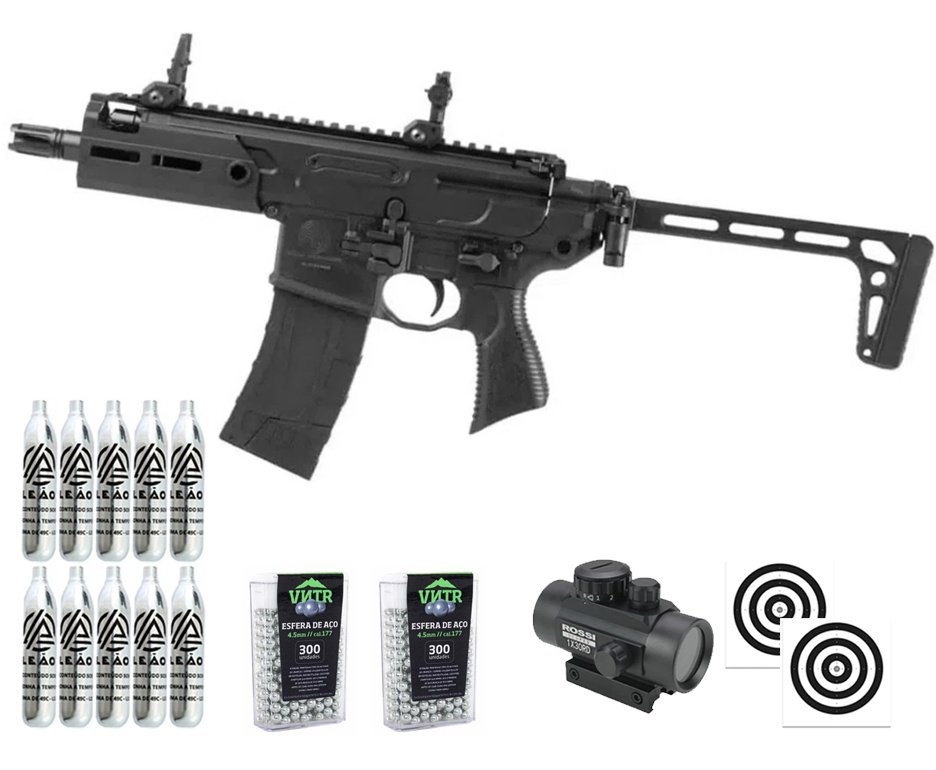 Rifle de Pressão CO2 Sig Sauer MCX Rattler 4,5 Blowback Semi Auto - Sig Sauer + Alvos + Co2 + BBS + Red Dot
