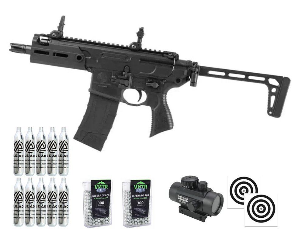 Rifle de Pressão CO2 Sig Sauer MCX Rattler 4,5 Blowback Semi Auto - Sig Sauer + Alvos + Co2 + BBS + Red Dot