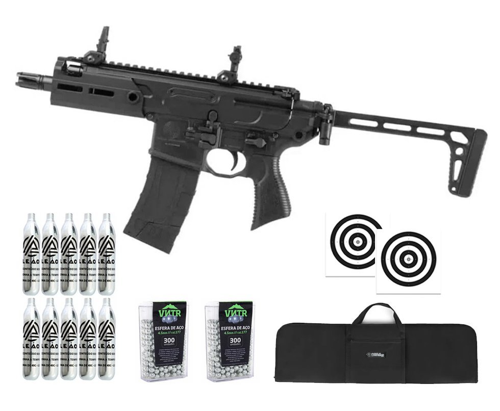 Rifle de Pressão CO2 Sig Sauer MCX Rattler 4,5 Blowback Semi Auto - Sig Sauer + Alvos + Co2 + BBS + Capa