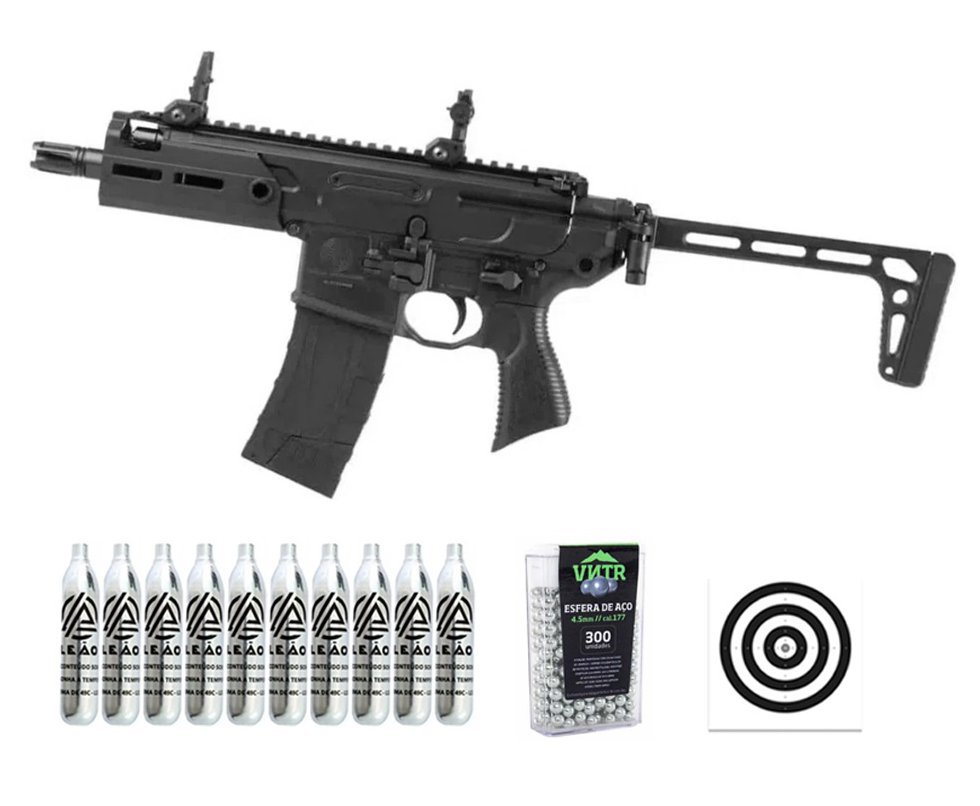 Rifle de Pressão CO2 Sig Sauer MCX Rattler 4,5 Blowback Semi Auto - Sig Sauer + Alvos + Co2 + BBS