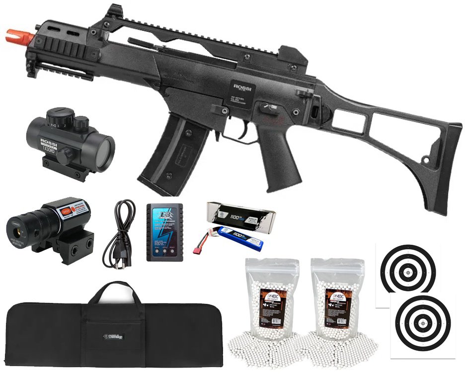 Rifle de Airsoft AEG Neptune G36 6mm - Rossi + Alvos + Bateria + Carregador + BBS + Capa + Red Dot + Laser