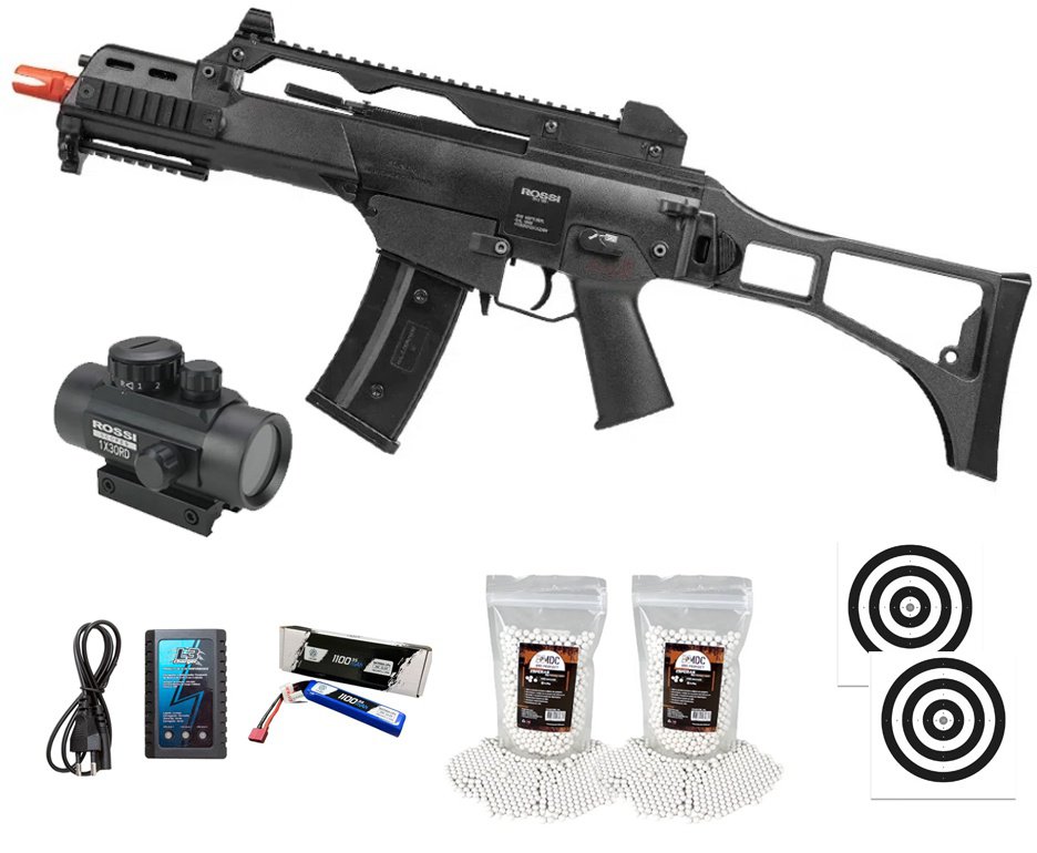 Rifle de Airsoft AEG Neptune G36 6mm - Rossi + Alvos + Bateria + Carregador + BBS + Red Dot