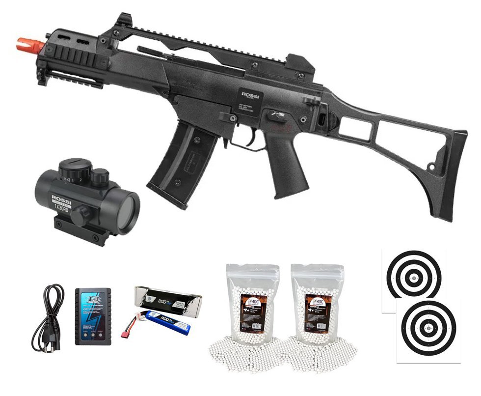 Rifle de Airsoft AEG Neptune G36 6mm - Rossi + Alvos + Bateria + Carregador + BBS + Red Dot