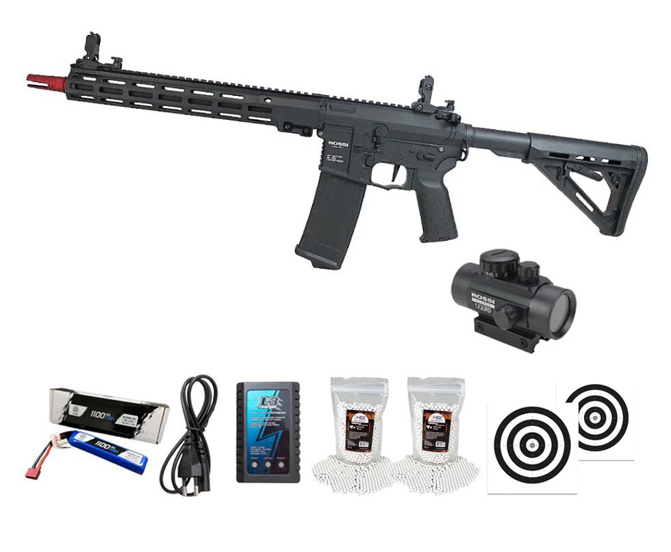 Rifle de Airsoft Neptune Shadow MK16 URG-I 13,5" AEG 6mm - Rossi + Alvos + Bateria + Carregador + BBS + Red Dot