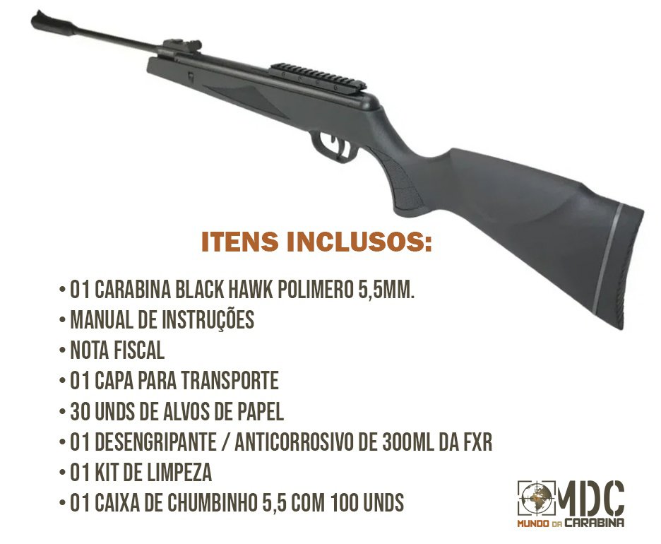 Carabina De Pressão Black Hawk Gas Ram 70kg 5.5mm Artemis + Capa + Alvos + Desengripante / Anticorrosivo + Kit de Limpeza + Chumbinho