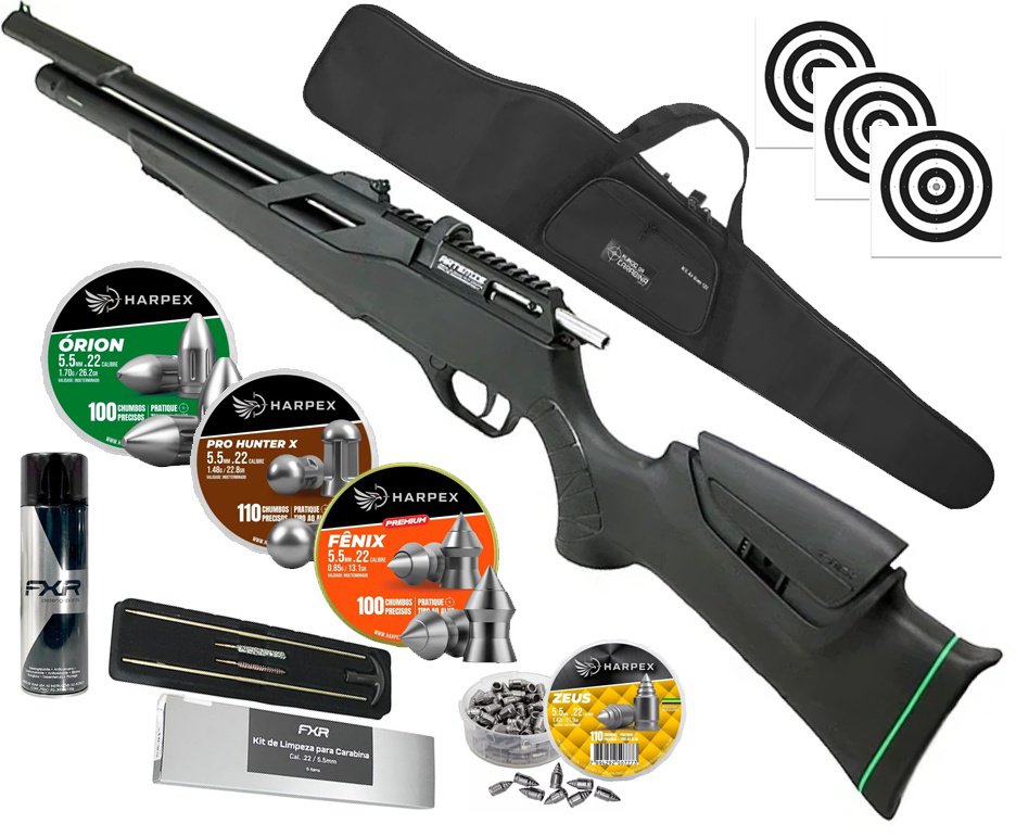 Carabina de Pressão PCP Artemis T-REX Montecarlo 5.5mm com Válvula Reguladora - FXR + Capa + Alvos + Desengripante / Anticorrosivo + Kit de Limpeza + Chumbos Harpex