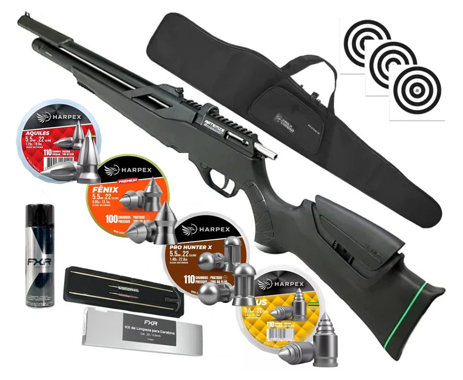 Carabina de Pressão PCP Artemis T-REX Montecarlo 5.5mm com Válvula Reguladora - FXR + Capa + Alvos + Desengripante / Anticorrosivo + Kit de Limpeza + Chumbos Harpex