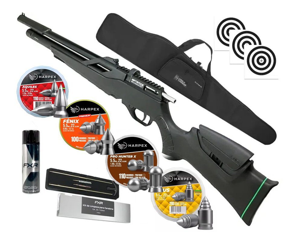 Carabina de Pressão PCP Artemis T-REX Montecarlo 5.5mm com Válvula Reguladora - FXR + Capa + Alvos + Desengripante / Anticorrosivo + Kit de Limpeza + Chumbos Harpex