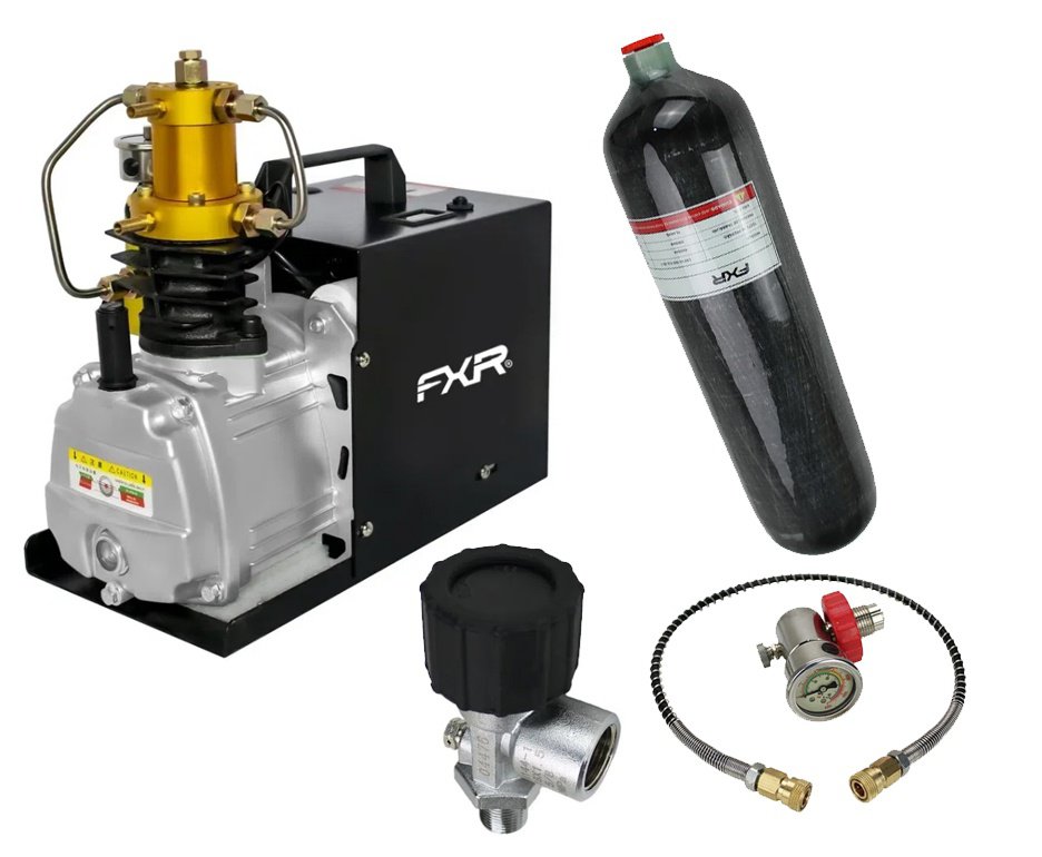 Compressor para PCP e Cilindros de Scuba até 4500PSI 300Bar 30MPA 220V - FXR Arms + Kit Scuba de 3L