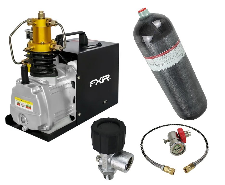 Compressor para PCP e Cilindros de Scuba até 4500PSI 300Bar 30MPA 220V - FXR Arms + Kit Scuba de 6,8L