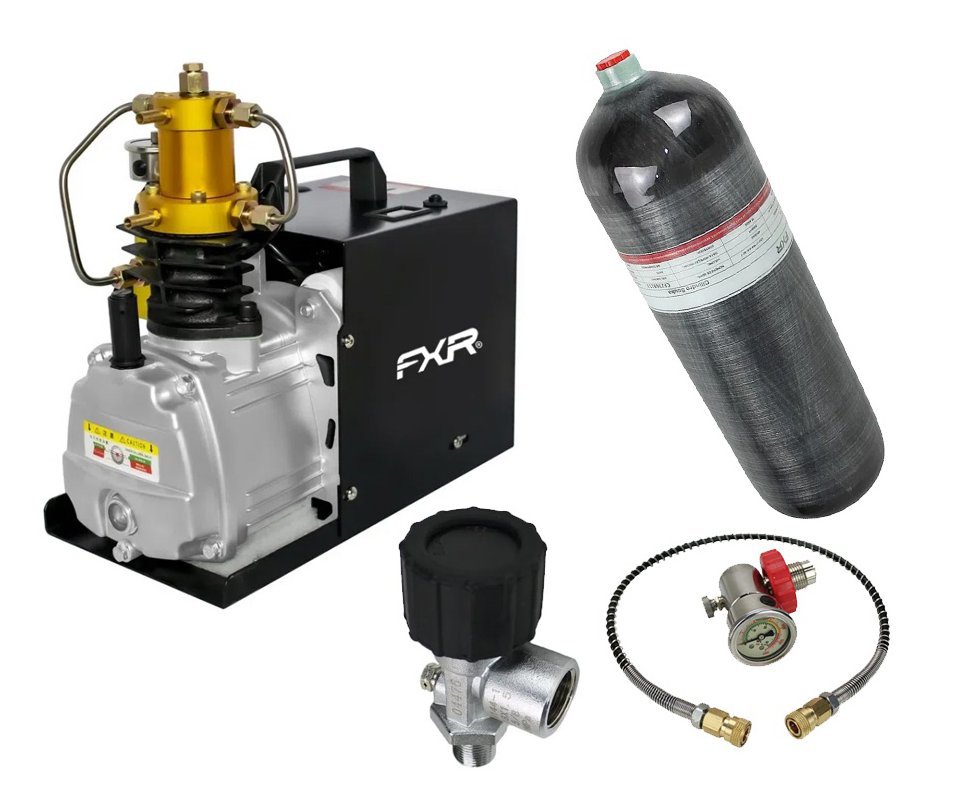 Compressor para PCP e Cilindros de Scuba até 4500PSI 300Bar 30MPA 220V - FXR Arms + Kit Scuba de 6,8L