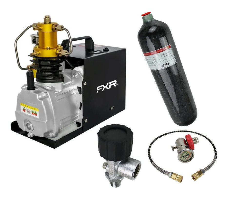 Compressor para PCP e Cilindros de Scuba até 4500PSI 300Bar 30MPA 110V - FXR Arms + Kit Scuba de 3 L
