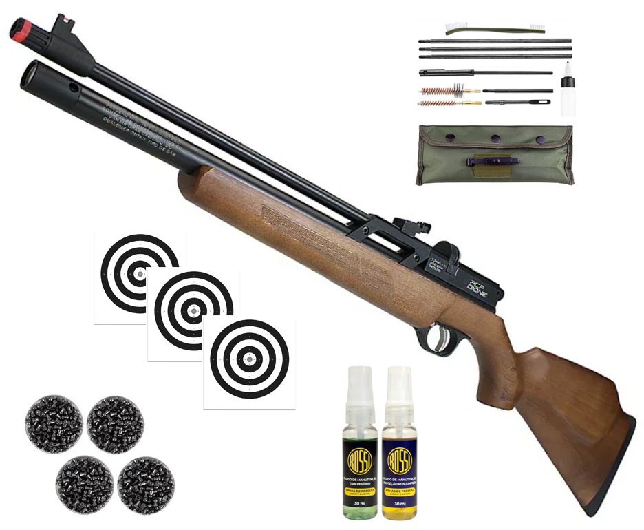 Carabina de Pressão PCP Rossi Dione VR madeira 5,5mm - Rossi + Kit de Limpeza + Chumbos + Alvos + Capa + Kit Fluidos