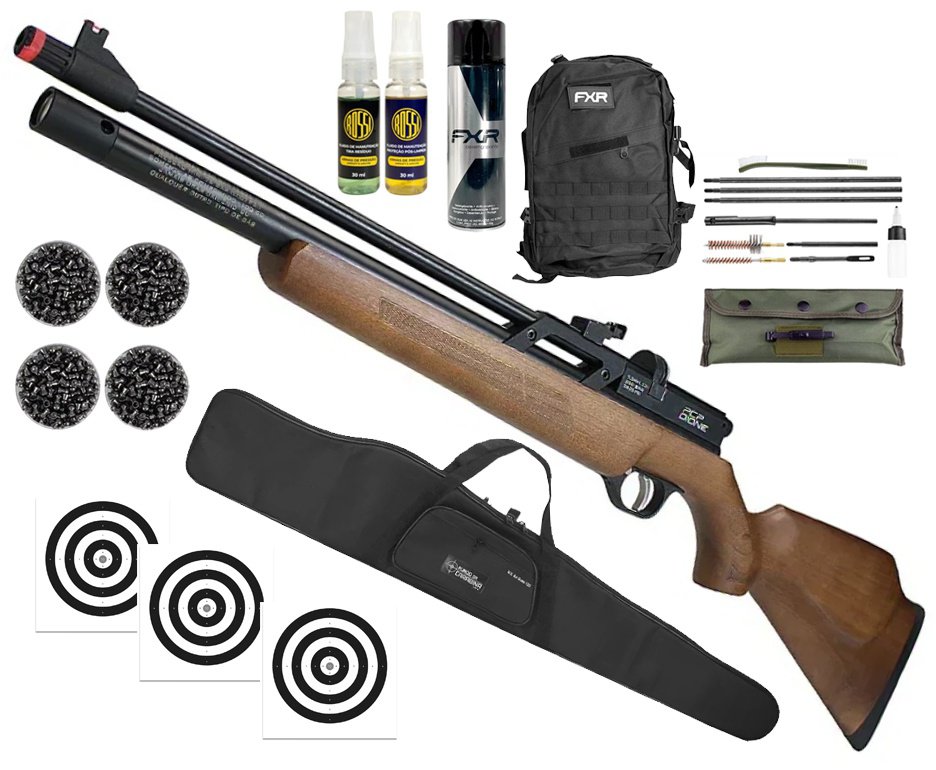 Carabina de Pressão PCP Rossi Dione VR madeira 5,5mm - Rossi + Desengripante / Anticorrosivo + Kit de Limpeza + Chumbos + Alvos + Capa + Kit Fluidos + Mochila Tática FXR